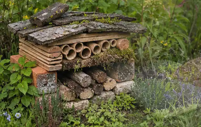 Naturnaher Unterschlupf aus Holz Rinde und Pflanzenstängeln im Garten; Thema Sichtschutz aus Holz, Schwerpunkt Planung; Ausgangslage.