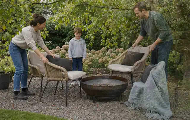 Familie stellt wetterfeste Sessel an einem geschützten Sitzplatz im Garten auf; Thema Sichtschutz aus Holz, Schwerpunkt Planung; Ergebnis.
