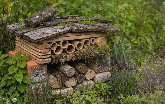 Naturnaher Unterschlupf aus Holz Rinde und Pflanzenstängeln im Garten; Thema Sichtschutz aus Holz, Schwerpunkt Standort; Umsetzung.