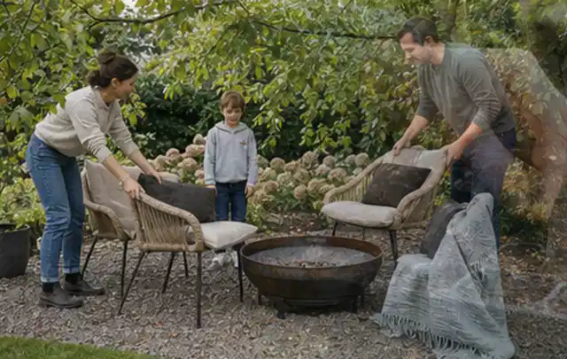 Familie stellt wetterfeste Sessel an einem geschützten Sitzplatz im Garten auf; Thema Sichtschutz aus Holz, Schwerpunkt Standort; Kontrolle.
