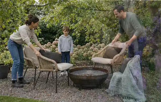 Familie stellt wetterfeste Sessel an einem geschützten Sitzplatz im Garten auf; Thema Sichtschutz aus Holz, Schwerpunkt Winterschutz; Ausgangslage.
