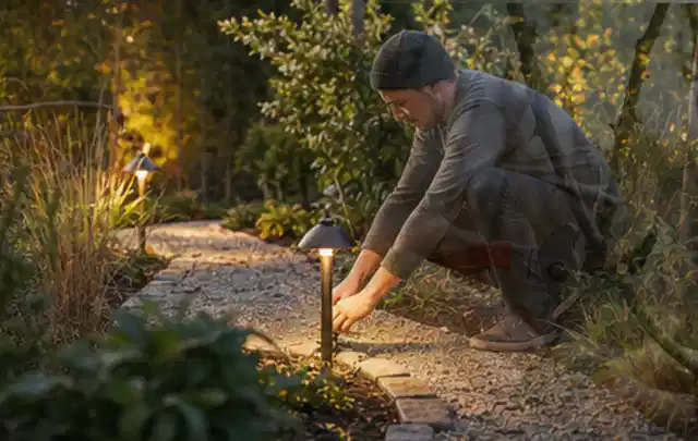 Person richtet eine niedrige warm leuchtende Gartenlampe am Kiesweg aus; Thema Sichtschutz, Schwerpunkt Themenwelt; Umsetzung.