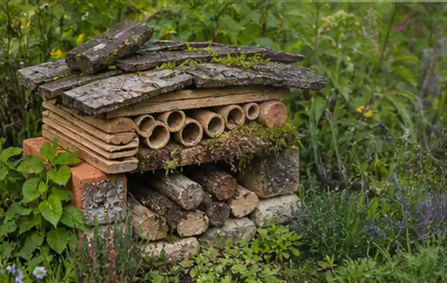 Naturnaher Unterschlupf aus Holz Rinde und Pflanzenstängeln im Garten; Thema Sichtschutz, Schwerpunkt Themenwelt; Kontrolle.