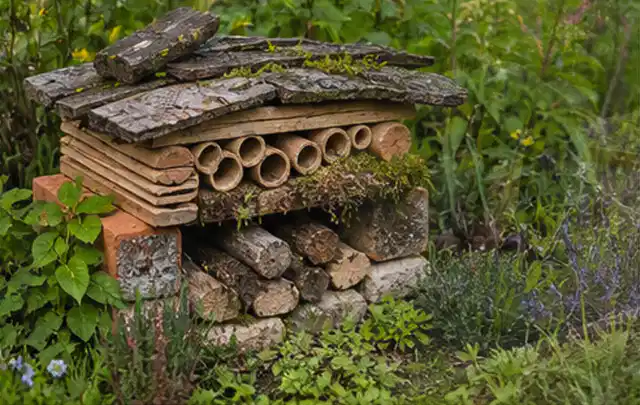 Naturnaher Unterschlupf aus Holz Rinde und Pflanzenstängeln im Garten; Thema Sichtschutzhecken, Schwerpunkt Aufbau; Ausgangslage.