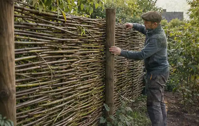 Person befestigt geflochtene Weidenruten an stabilen Holzpfosten im Garten; Thema Sichtschutzhecken, Schwerpunkt Aufbau; Kontrolle.