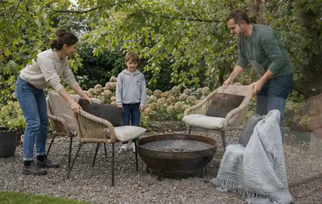 Familie stellt wetterfeste Sessel an einem geschützten Sitzplatz im Garten auf; Thema Sichtschutzhecken, Schwerpunkt Aufbau; Praxisalltag.
