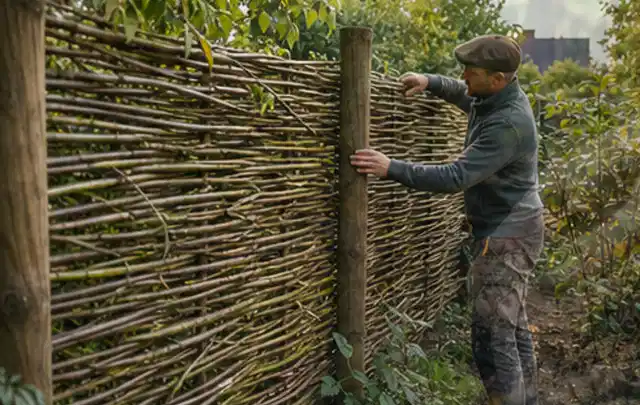 Person befestigt geflochtene Weidenruten an stabilen Holzpfosten im Garten; Thema Sichtschutzhecken, Schwerpunkt Baurecht; Ausgangslage.