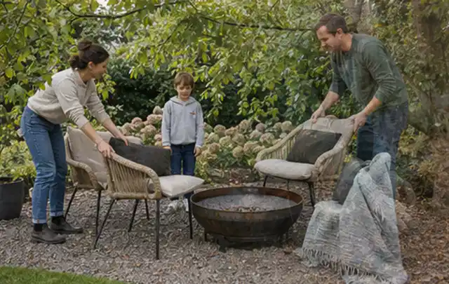 Familie stellt wetterfeste Sessel an einem geschützten Sitzplatz im Garten auf; Thema Sichtschutzhecken, Schwerpunkt Baurecht; Praxisalltag.