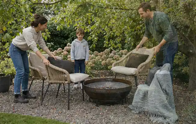Familie stellt wetterfeste Sessel an einem geschützten Sitzplatz im Garten auf; Thema Sichtschutzhecken, Schwerpunkt Checkliste; Praxisalltag.