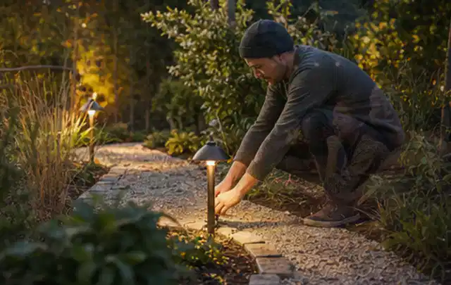 Person richtet eine niedrige warm leuchtende Gartenlampe am Kiesweg aus; Thema Sichtschutzhecken, Schwerpunkt Dimensionierung; Ausgangslage.
