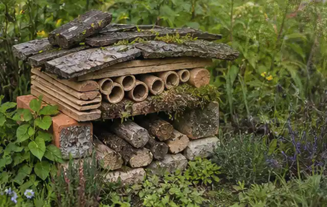 Naturnaher Unterschlupf aus Holz Rinde und Pflanzenstängeln im Garten; Thema Sichtschutzhecken, Schwerpunkt Dimensionierung; Umsetzung.
