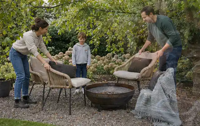 Familie stellt wetterfeste Sessel an einem geschützten Sitzplatz im Garten auf; Thema Sichtschutzhecken, Schwerpunkt Dimensionierung; Kontrolle.