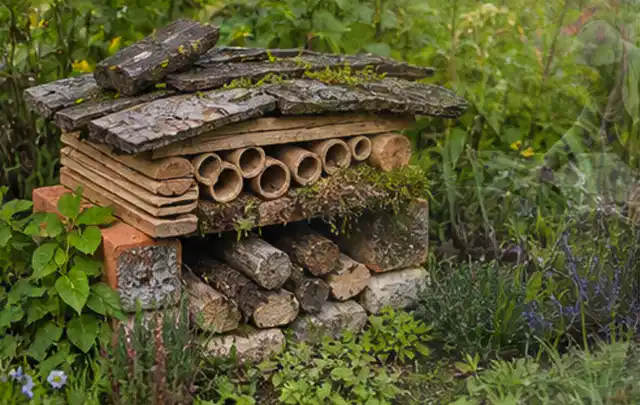 Naturnaher Unterschlupf aus Holz Rinde und Pflanzenstängeln im Garten; Thema Sichtschutzhecken, Schwerpunkt DIY; Ausgangslage.