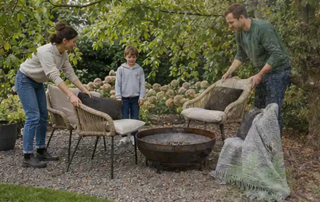 Familie stellt wetterfeste Sessel an einem geschützten Sitzplatz im Garten auf; Thema Sichtschutzhecken, Schwerpunkt DIY; Ergebnis.