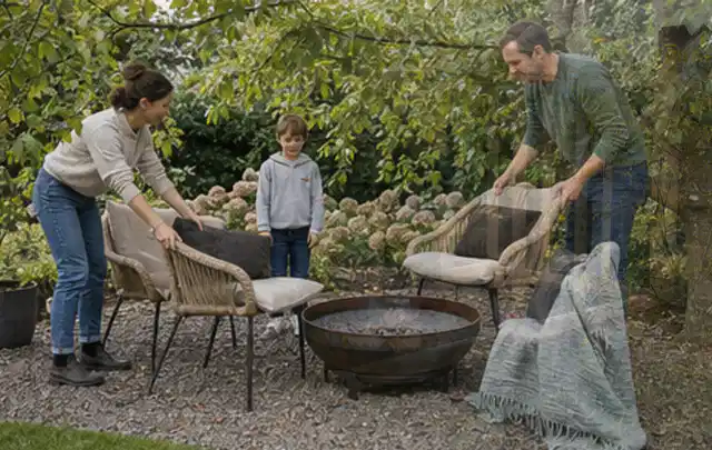 Familie stellt wetterfeste Sessel an einem geschützten Sitzplatz im Garten auf; Thema Sichtschutzhecken, Schwerpunkt Fehlerhilfe; Ausgangslage.