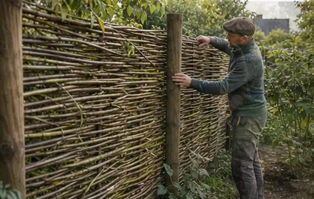 Person befestigt geflochtene Weidenruten an stabilen Holzpfosten im Garten; Thema Sichtschutzhecken, Schwerpunkt Fehlerhilfe; Kontrolle.
