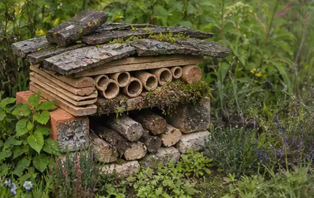 Naturnaher Unterschlupf aus Holz Rinde und Pflanzenstängeln im Garten; Thema Sichtschutzhecken, Schwerpunkt Fehlerhilfe; Praxisalltag.