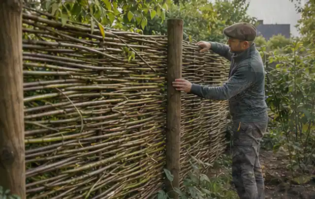 Person befestigt geflochtene Weidenruten an stabilen Holzpfosten im Garten; Thema Sichtschutzhecken, Schwerpunkt Fundament; Ausgangslage.