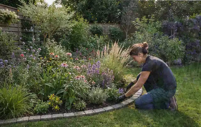 Person pflegt die klare Kante eines geschwungenen blühenden Staudenbeets; Thema Sichtschutzhecken, Schwerpunkt Fundament; Kontrolle.