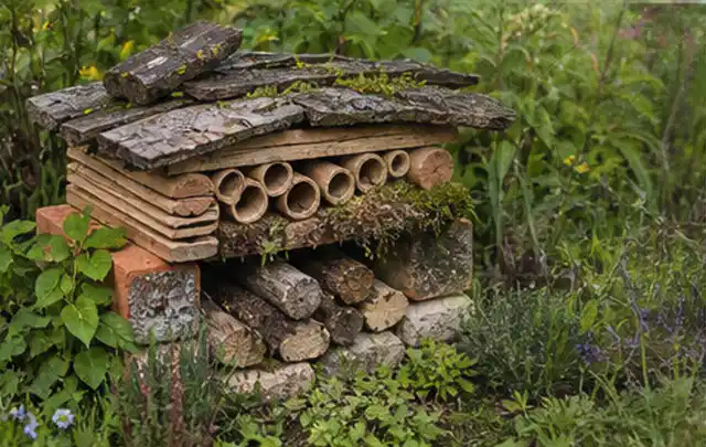 Naturnaher Unterschlupf aus Holz Rinde und Pflanzenstängeln im Garten; Thema Sichtschutzhecken, Schwerpunkt Fundament; Praxisalltag.