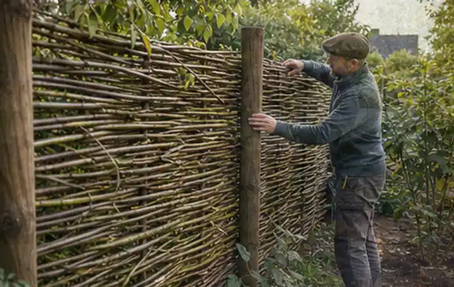 Person befestigt geflochtene Weidenruten an stabilen Holzpfosten im Garten; Thema Sichtschutzhecken, Schwerpunkt Gärten mit kleiner Fläche; Praxisalltag.