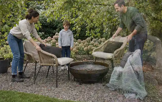 Familie stellt wetterfeste Sessel an einem geschützten Sitzplatz im Garten auf; Thema Sichtschutzhecken, Schwerpunkt Gestaltung; Ausgangslage.
