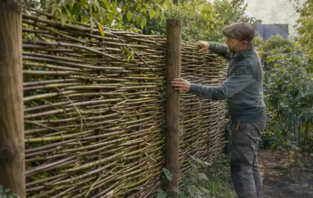 Person befestigt geflochtene Weidenruten an stabilen Holzpfosten im Garten; Thema Sichtschutzhecken, Schwerpunkt Gestaltung; Praxisalltag.