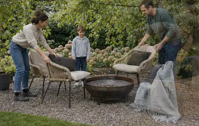 Familie stellt wetterfeste Sessel an einem geschützten Sitzplatz im Garten auf; Thema Sichtschutzhecken, Schwerpunkt Kosten; Ausgangslage.