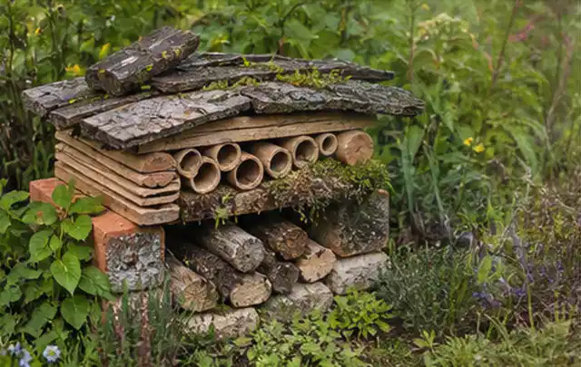 Naturnaher Unterschlupf aus Holz Rinde und Pflanzenstängeln im Garten; Thema Sichtschutzhecken, Schwerpunkt Kosten; Umsetzung.