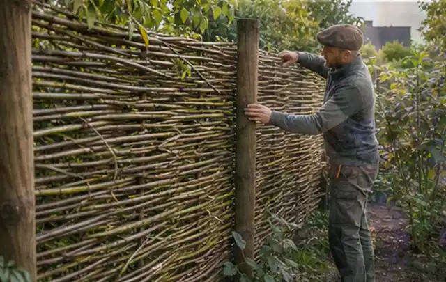 Person befestigt geflochtene Weidenruten an stabilen Holzpfosten im Garten; Thema Sichtschutzhecken, Schwerpunkt Kosten; Ergebnis.