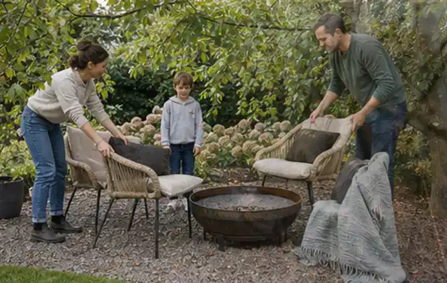 Familie stellt wetterfeste Sessel an einem geschützten Sitzplatz im Garten auf; Thema Sichtschutzhecken, Schwerpunkt Materialwahl; Ausgangslage.