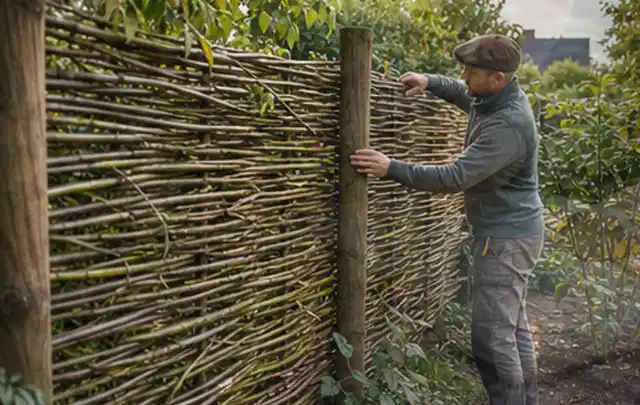 Person befestigt geflochtene Weidenruten an stabilen Holzpfosten im Garten; Thema Sichtschutzhecken, Schwerpunkt Materialwahl; Kontrolle.