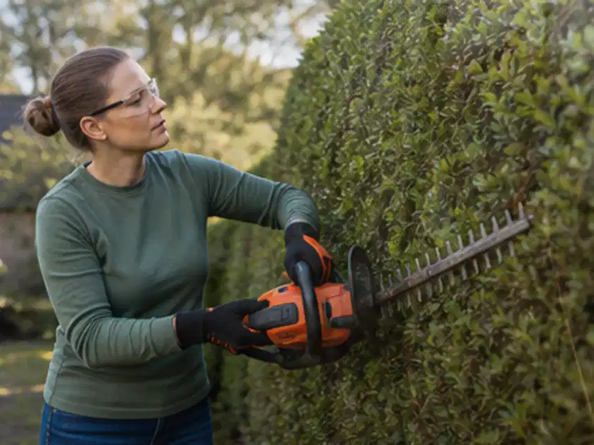 Person schneidet eine dichte Gartenhecke mit Schutzbrille und sicherem Stand; Thema Sichtschutzhecken, Schwerpunkt Nachhaltigkeit; Titelbild.