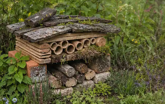 Naturnaher Unterschlupf aus Holz Rinde und Pflanzenstängeln im Garten; Thema Sichtschutzhecken, Schwerpunkt Nachhaltigkeit; Umsetzung.
