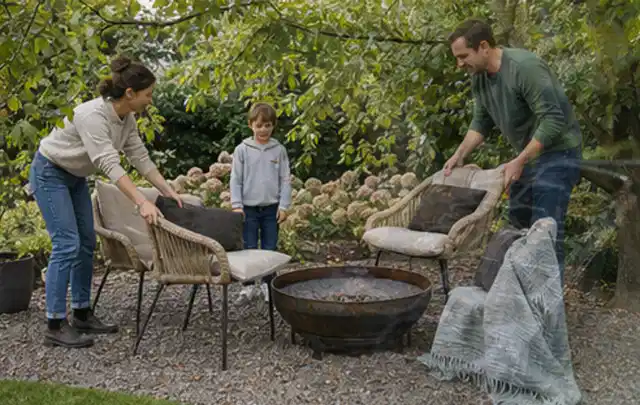 Familie stellt wetterfeste Sessel an einem geschützten Sitzplatz im Garten auf; Thema Sichtschutzhecken, Schwerpunkt Pflege; Ausgangslage.