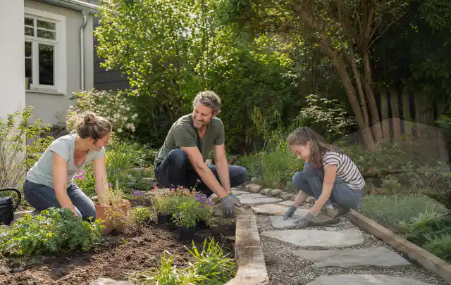 Familie geht auf einem Weg durch einen abwechslungsreich gestalteten Garten; Thema Sichtschutzhecken, Schwerpunkt Planung; Ausgangslage.