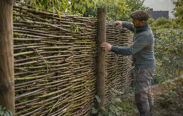 Person befestigt geflochtene Weidenruten an stabilen Holzpfosten im Garten; Thema Sichtschutzhecken, Schwerpunkt Standort; Umsetzung.