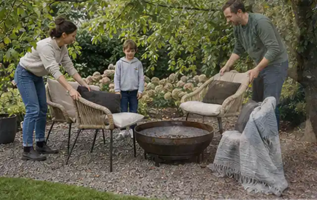 Familie stellt wetterfeste Sessel an einem geschützten Sitzplatz im Garten auf; Thema Sichtschutzhecken, Schwerpunkt Standort; Kontrolle.