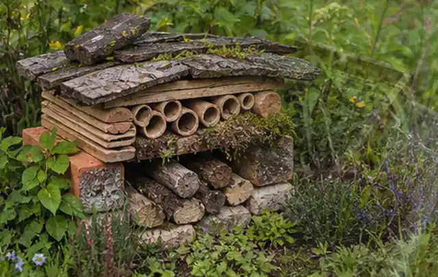 Naturnaher Unterschlupf aus Holz Rinde und Pflanzenstängeln im Garten; Thema Sichtschutzhecken, Schwerpunkt Standort; Ergebnis.