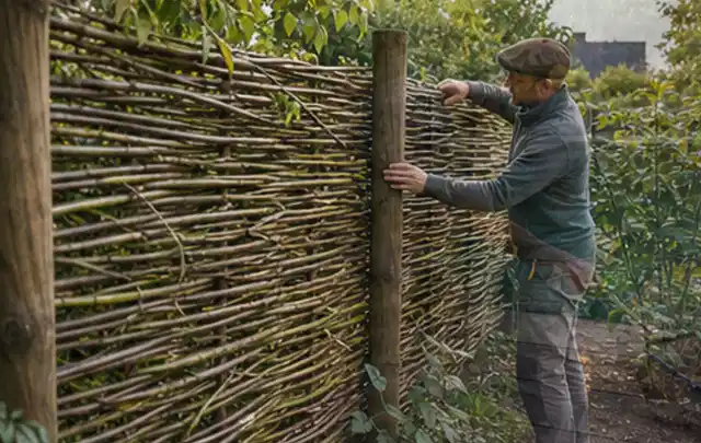 Person befestigt geflochtene Weidenruten an stabilen Holzpfosten im Garten; Thema Sichtschutzhecken, Schwerpunkt Winterschutz; Umsetzung.