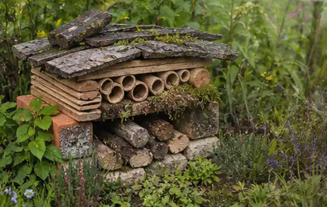 Naturnaher Unterschlupf aus Holz Rinde und Pflanzenstängeln im Garten; Thema Sichtschutzhecken, Schwerpunkt Winterschutz; Kontrolle.