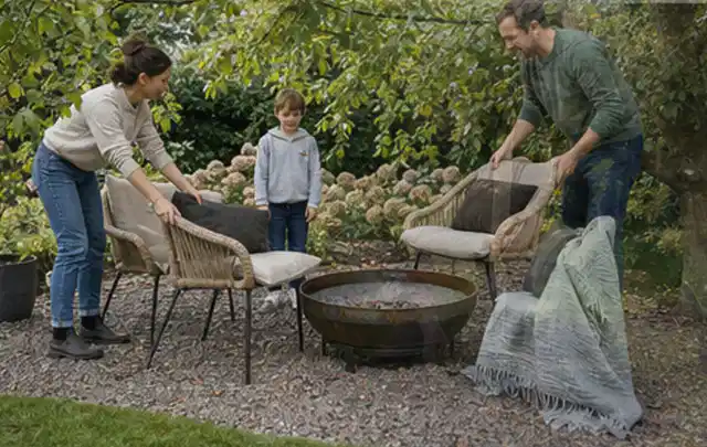 Familie stellt wetterfeste Sessel an einem geschützten Sitzplatz im Garten auf; Thema Sichtschutzhecken, Schwerpunkt Winterschutz; Ergebnis.