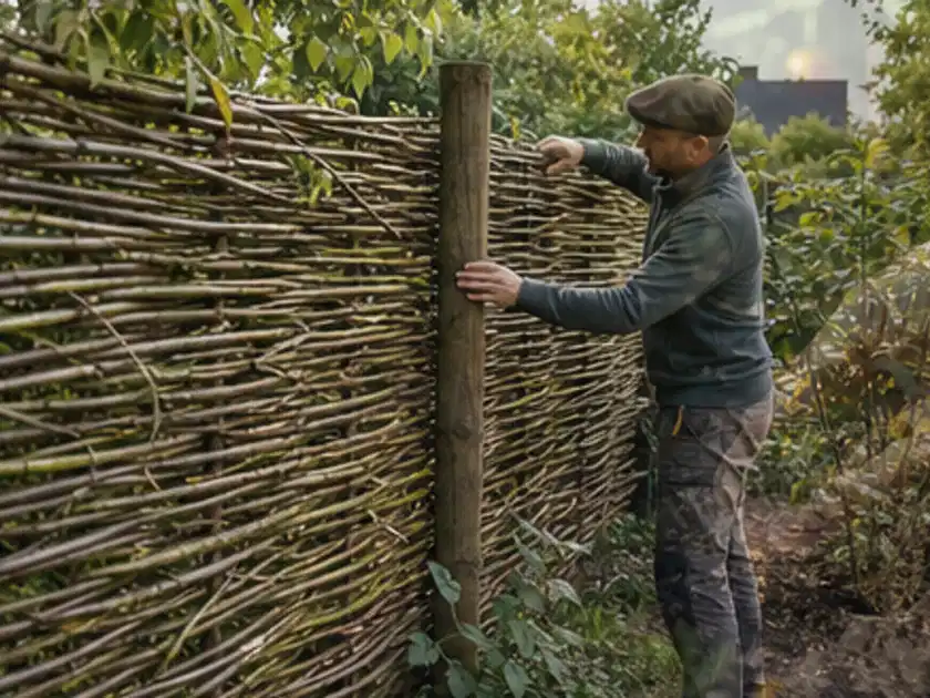 Person befestigt geflochtene Weidenruten an stabilen Holzpfosten im Garten; Thema Sichtschutzmatten, Schwerpunkt Aufbau; Titelbild.