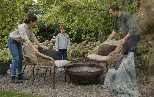 Familie stellt wetterfeste Sessel an einem geschützten Sitzplatz im Garten auf; Thema Sichtschutzmatten, Schwerpunkt Aufbau; Ausgangslage.