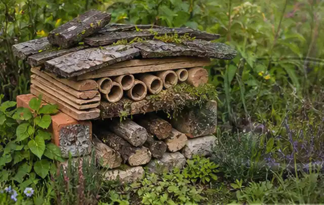 Naturnaher Unterschlupf aus Holz Rinde und Pflanzenstängeln im Garten; Thema Sichtschutzmatten, Schwerpunkt Aufbau; Praxisalltag.