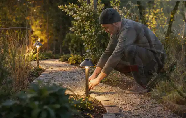 Person richtet eine niedrige warm leuchtende Gartenlampe am Kiesweg aus; Thema Sichtschutzmatten, Schwerpunkt Baurecht; Ausgangslage.
