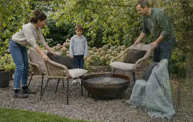 Familie stellt wetterfeste Sessel an einem geschützten Sitzplatz im Garten auf; Thema Sichtschutzmatten, Schwerpunkt Dimensionierung; Ausgangslage.
