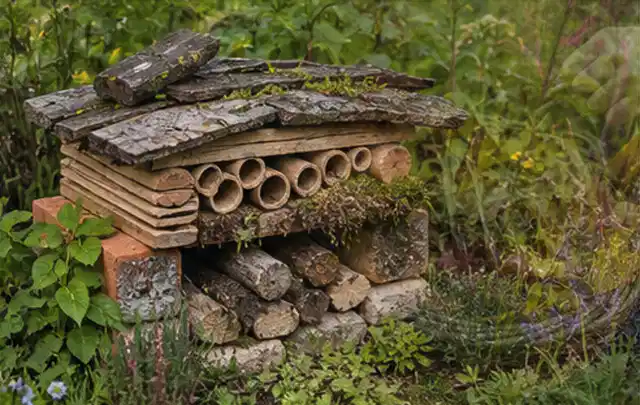 Naturnaher Unterschlupf aus Holz Rinde und Pflanzenstängeln im Garten; Thema Sichtschutzmatten, Schwerpunkt Dimensionierung; Praxisalltag.