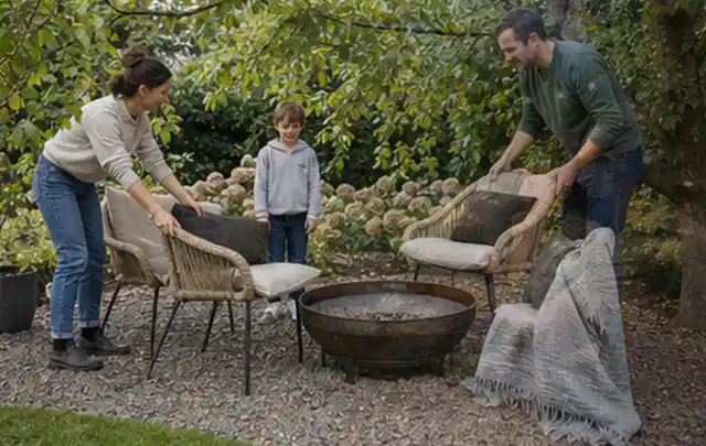 Familie stellt wetterfeste Sessel an einem geschützten Sitzplatz im Garten auf; Thema Sichtschutzmatten, Schwerpunkt DIY; Ausgangslage.