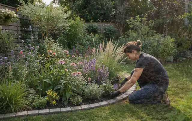 Person pflegt die klare Kante eines geschwungenen blühenden Staudenbeets; Thema Sichtschutzmatten, Schwerpunkt Fundament; Ausgangslage.